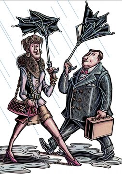 A well dressed man and woman have bought cheap umbrellas which have flipped inside-out in the wind on a rainy day.