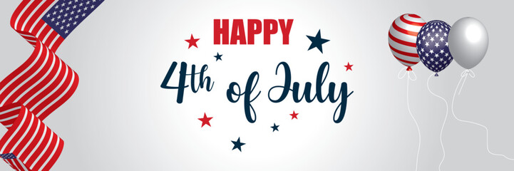 4th of July, USA independence day with US balloons and waving US flag ribbon on gradient background. Patriotic design for American Independence Day celebration. 