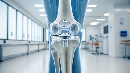 Knee Replacement X-Ray Joint Medical illustration of a knee joint in a clinical setting with bright, sterile surroundings.