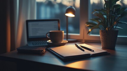 Evening home office desk; laptop, notebook, lamp, plant