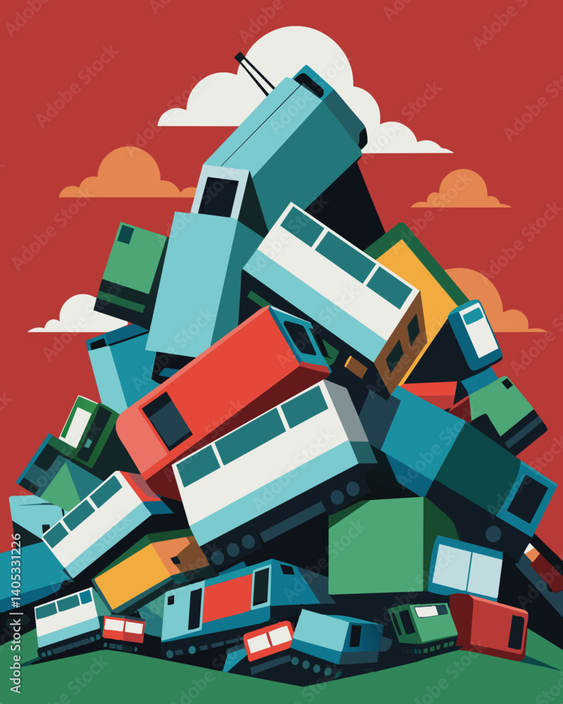 Poster trains overflowing with crates of unsold electronics piling up at a standstill.. vector illustration