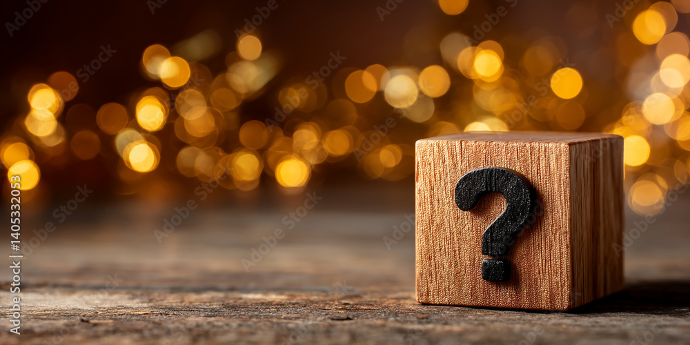 Poster Wooden cube with question mark on rustic surface, bokeh lights background, symbolizing uncertainty, inquiry, or problem-solving
