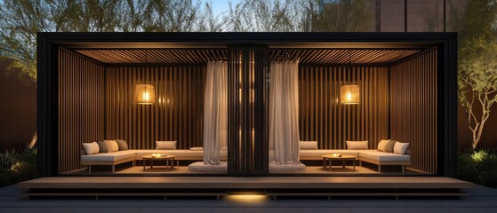 Open plan clay home with natural ventilation slats, low wooden seating, bamboo light fixtures and soft linen curtains flowing in