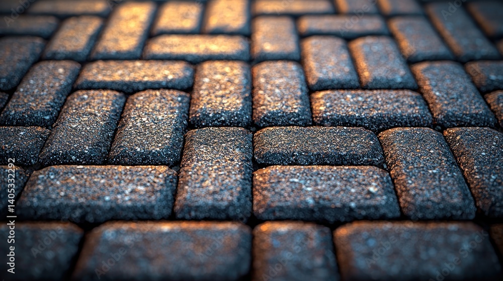Poster close-up view of interlocking paving stones. intricate pattern of rectangular blocks, detailed textu