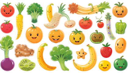 Happy Cartoon Produce: Smiling Fruits and Vegetables, Colorful Vector Collection.