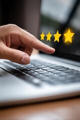 An entrepreneur interacts with a digital feedback platform on his computer, selecting a single star to show low satisfaction. This highlights the significance of customer reviews and their impact.--a
