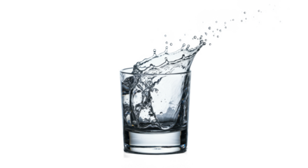 A glass of water with a splash creating a crown effect on a black background in a studio shot