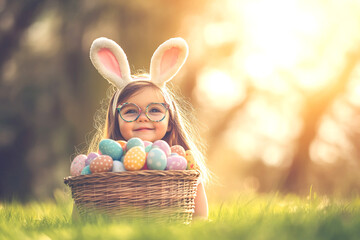 Happy Easter Egg Hunt with Children &ndash; Kids Holding Baskets Searching for Colorful Eggs in Spring Garden &ndash; Realistic Festive Holiday Moments