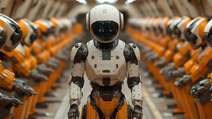 A futuristic robot leads a line of identical robots in a corridor.