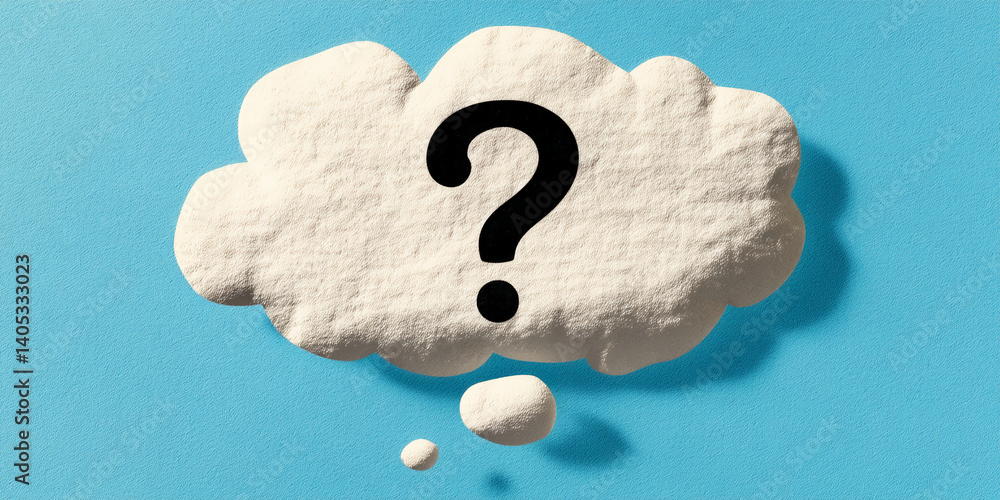 Poster off-white textured cloud shape with a black question mark, against a light-blue background. represen
