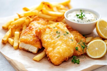Vegan fish and chips served alongside tofu and chips with vegan sauce, captured in a clean and fresh image, with room for copy or branding