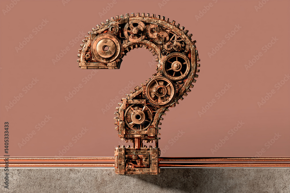 Poster metal gears forming a question mark on a neutral background, showcasing a concept of inquiry, proble