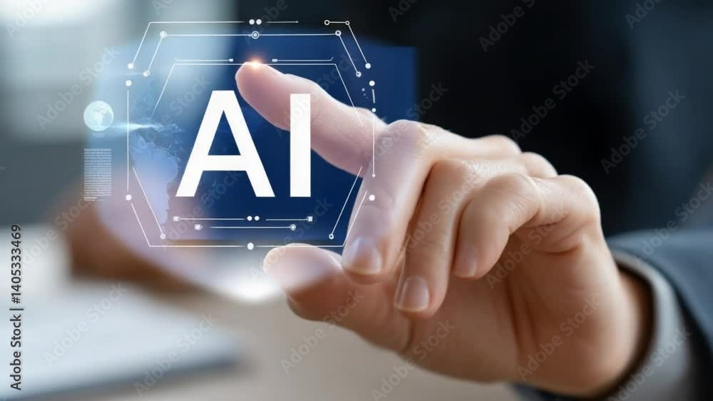 Poster navigating ai interface: a modern close-up shot of a hand touching a glowing ai interface. the scene
