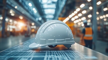 Industrial safety helmet on a factory workstation.