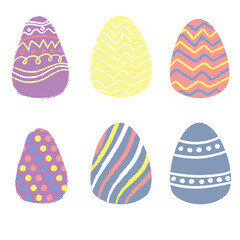 six Easter eggs decorated with various patterns and bright colors, happy easter