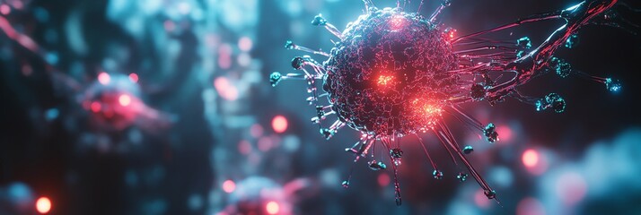 Fototapeta premium Futuristic nanotechnology in medicine, glowing bio-circuitry & microscopic robots repairing cells. Sci-fi medical tech background for futuristic healthcare themes