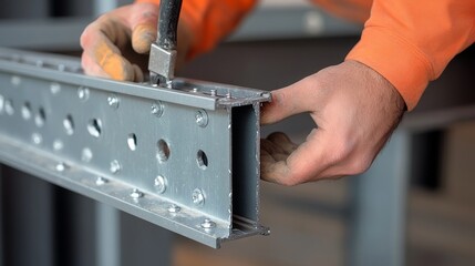 Construction worker tightening bolts on a steel frame structure. Featuring precision and coordination
