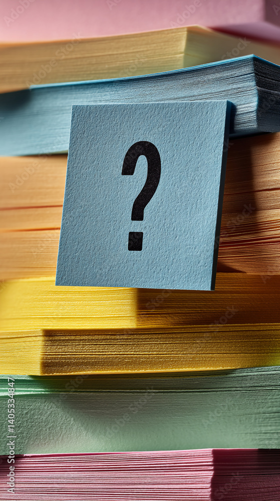 Aufkleber Blue sticky note with black question mark, atop stack of colorful sticky notepads, representing unanswered questions or problem-solving