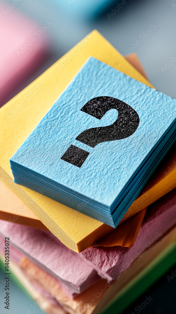 Poster stack of colorful textured notepads, top one light-blue with black question mark, represents inquiry
