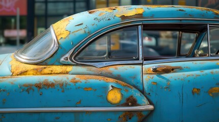 Rusty vintage car, urban background, decay, restoration project