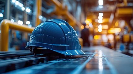 Industrial safety helmet rests on a factory conveyor.