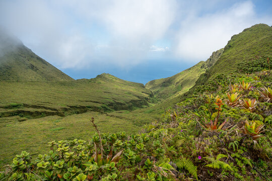 View over Mount Pelee vulcano on Martinique in the Caribbean in mist