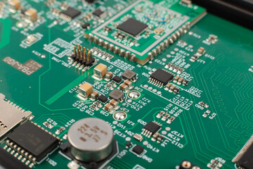 Electronic board close-up, modern electronic circuits