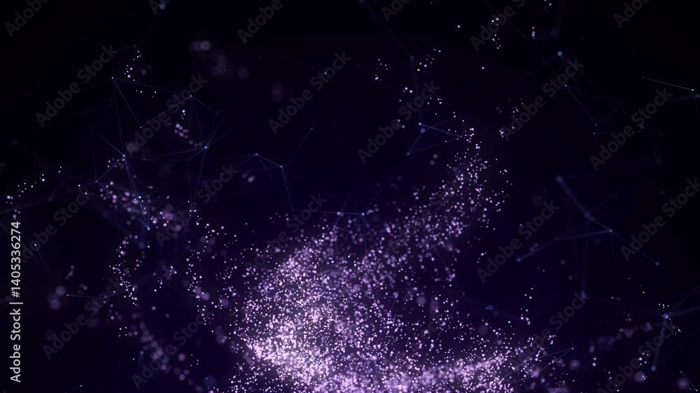 Poster abstract vortex particles background. dynamic purple wave moving in explosion. wormhole shimmering s