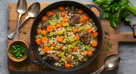 Comforting And Nutritious Beef Barley Soup With Fresh Herbs On Rustic Board