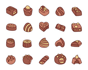 Delicious chocolate candy set featuring hand drawn sweet treats with creamy fillings, crunchy toppings, fun shapes, and cute outline cartoon design elements