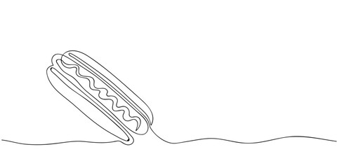 continuous one line drawing of a hot dog resting on a surface with detailed outlines and minimalist design