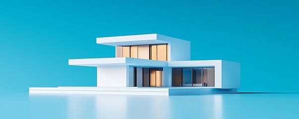 Minimalist house model on a tranquil blue background, portraying simplicity and peace in home design