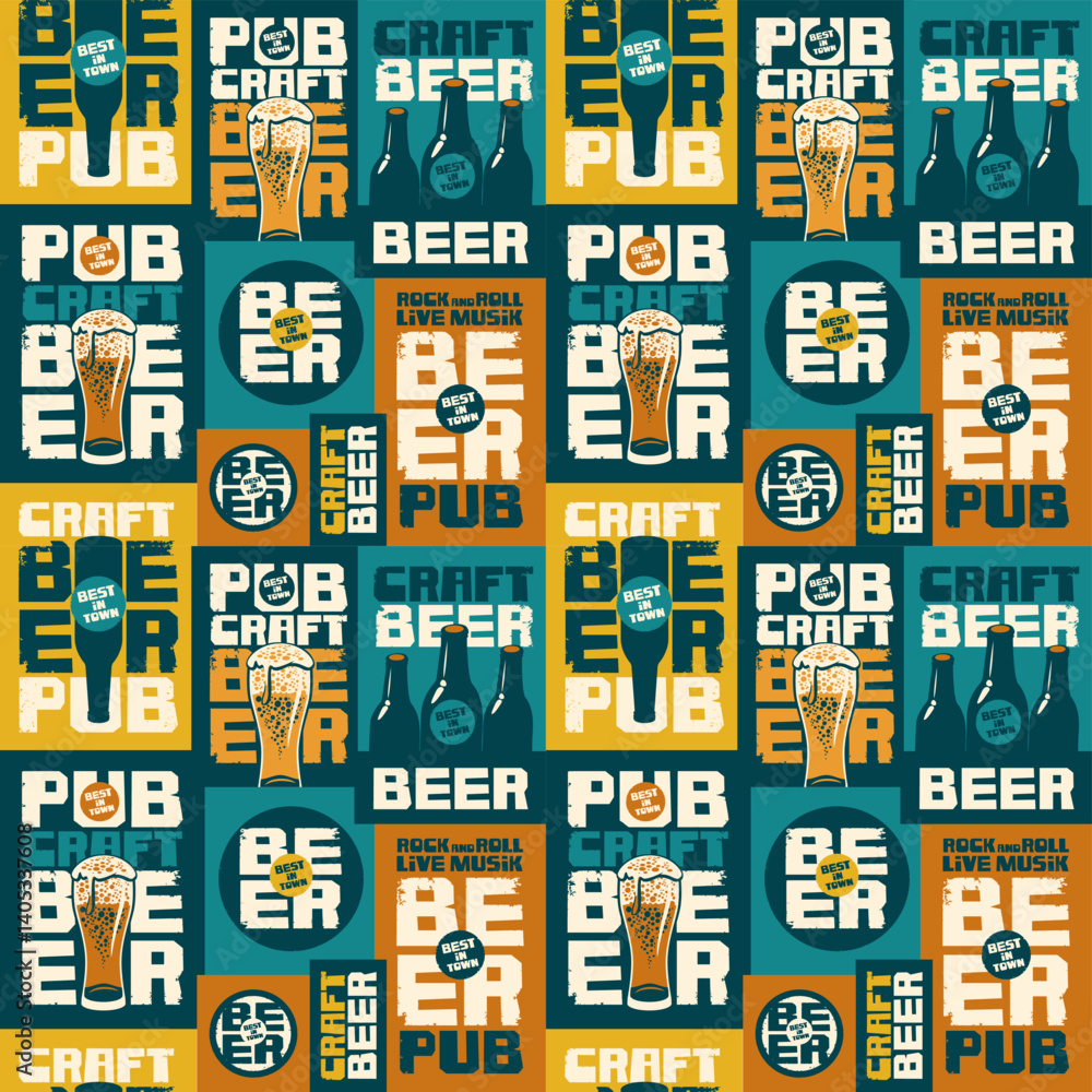 Poster vector seamless pattern consisting of set of labels or logo for craft beer and breweries in vintage 
