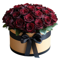 Elegant dark red roses in a box with black ribbon romantic gift for her flower arrangement delivery online shop on transparent background