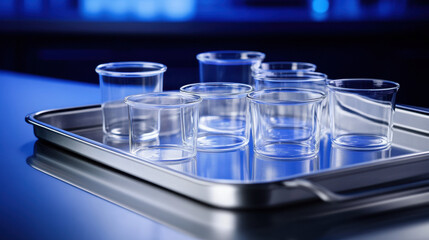 Laboratory glassware on steel tray, a precise arrangement symbolizing scientific rigor and methodical research.
