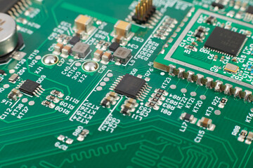 Electronic board close-up, modern electronic circuits