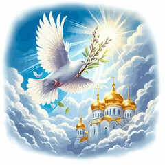 Elegant Palm Sunday Vector Illustration: Church Domes, White Dove, and Pussy Willow Branches