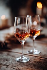 An intimate shot of two crystal glasses brimming with ros&eacute; wine placed on a rustic table.