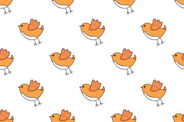 Obraz premium Beautiful seamless natural pattern, an orange bird with white belly on white background. Animal, wildlife. For wallpaper, textiles, packaging, background, website. Flat cartoon design.
