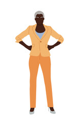Fototapeta premium Modern black businesswoman standing in confident pose. Vector illustration of cartoon african american business woman in smart casual outfit, orange suit. Isolated on white background.