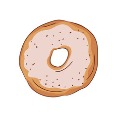 Sweet glazed donut. Doughnut with pink icing and sprinkles. Round dessert with hole. Sugar food. Dough pastry with frosting. Flat vector illustration of confectionery isolated on white background