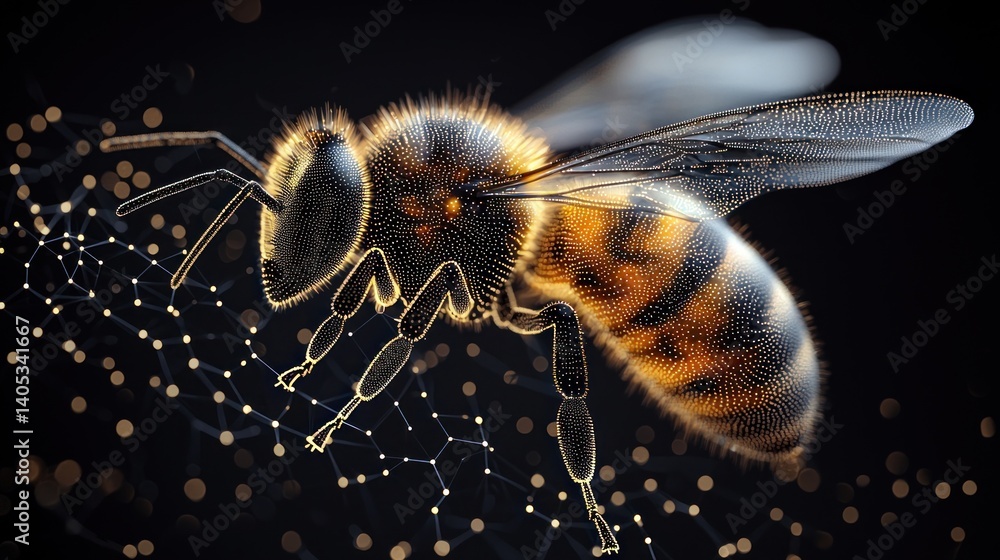 Poster digital honeybee: a mesmerizing 3d render of a bee on a network
