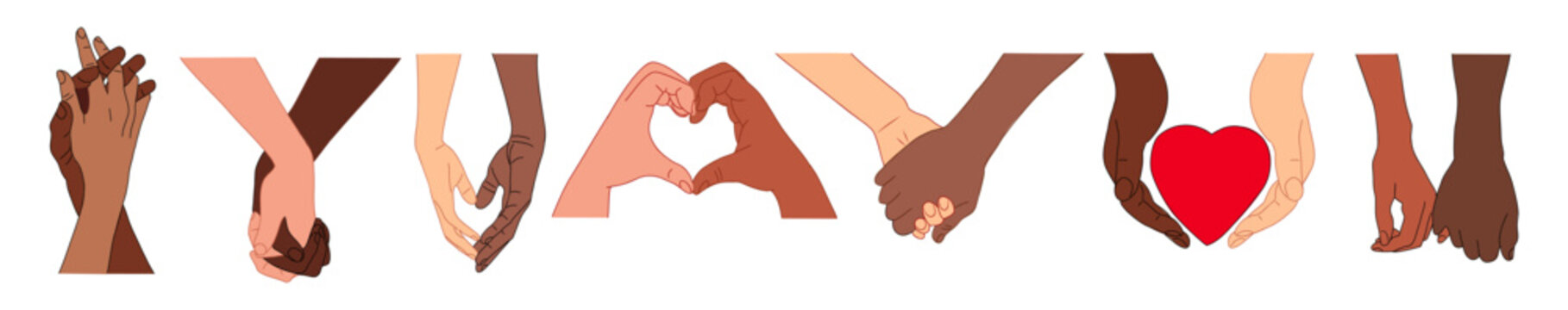 Two hands holding together set. Human fingers, couple palms touching, gesturing, heart shape. Support, love relationship concept. Flat colored outline vector illustration isolated on white background.