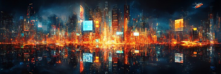 Fototapeta premium A dazzling neon-lit cyberpunk metropolis at night, with towering skyscrapers, holographic ads, and flying cars. Rain-soaked streets glow under vibrant pink and blue lights, creating a hyper-detailed d
