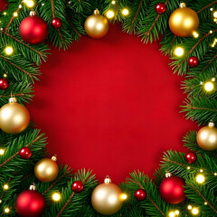 Festive Christmas border with red and gold ornaments, pine branches