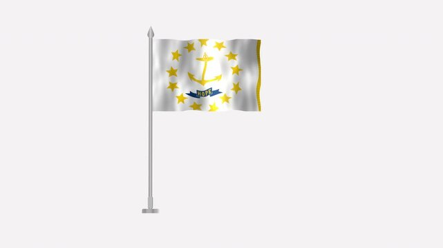 Flag of Rhode Island, Pole flag of Rhode Island on white screen, USA States Rhode Island 3D Animation flag waving in the wind isolated on white Background. 
