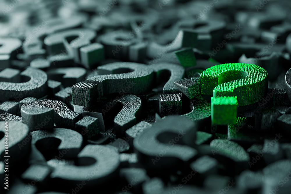 Poster close-up of textured question marks, one green, others dark gray, suggesting a search for answers or