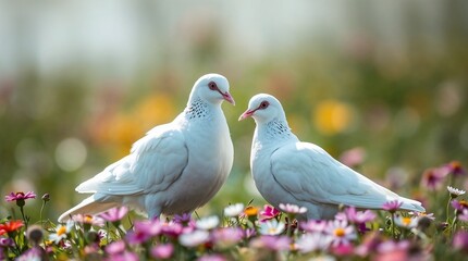 White doves in love among colorful flowers  