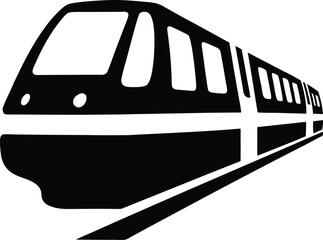 Black and white silhouette of a train in a modern, bold vector style for transportation and travel designs