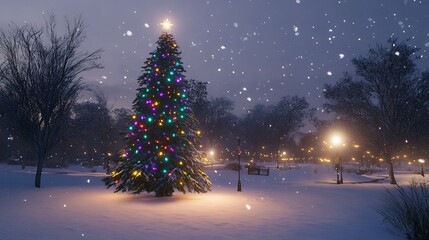 Fototapeta premium Enchanting Winter Scene, Illuminated Christmas Tree in a Snowy Park